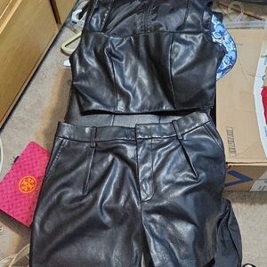 Black Faux Leather MED Top and LG Shorts Set 2 Pc.